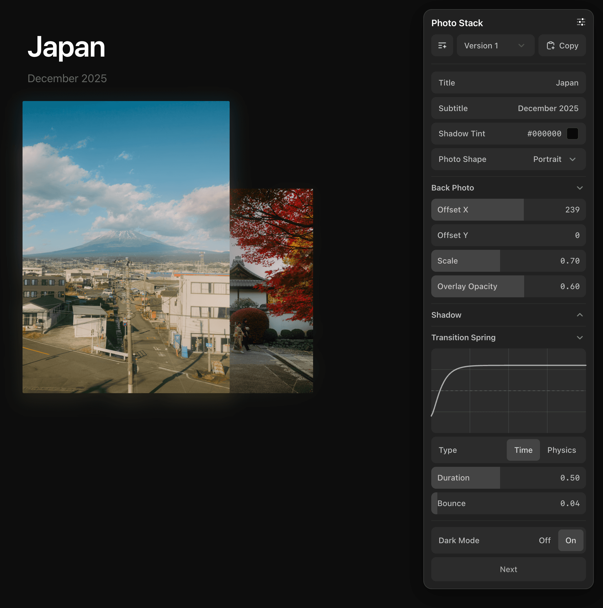 DialKit Photo Stack demo with its live control panel